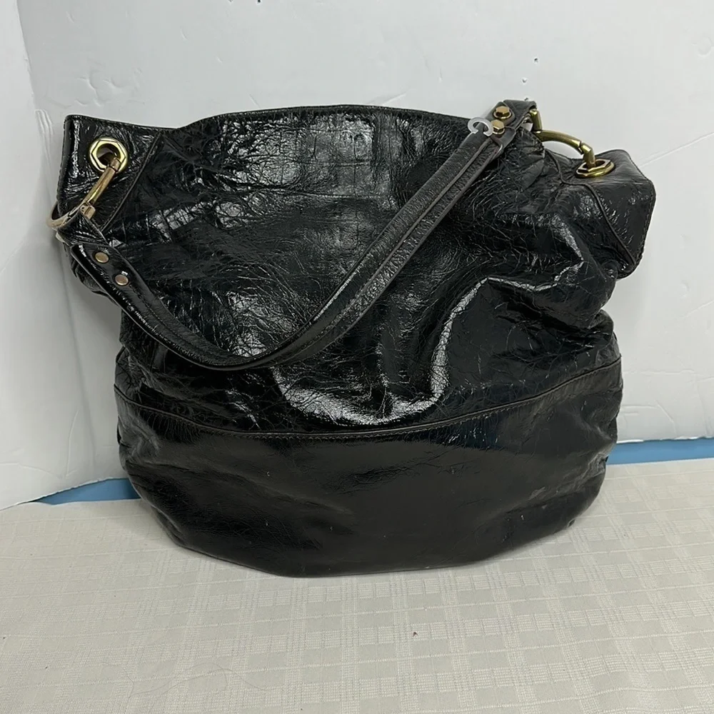 orYANY Lucy Crinkle Patent Leather Black Large Hobo Tote